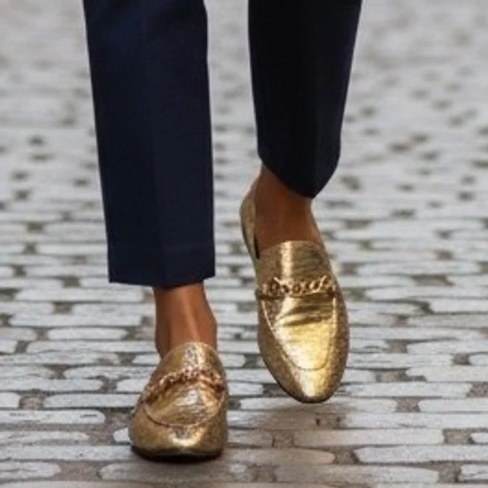 Karl Lagerfeld Paris Elsa Gold Metallic Snakeskin Chain Loafers Womans 9M